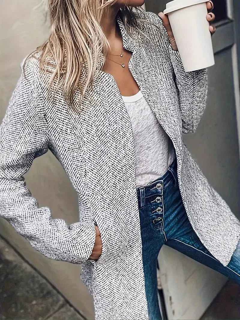 Idalia | Women's Collarless Long Coat in Light Grey and Dark Grey