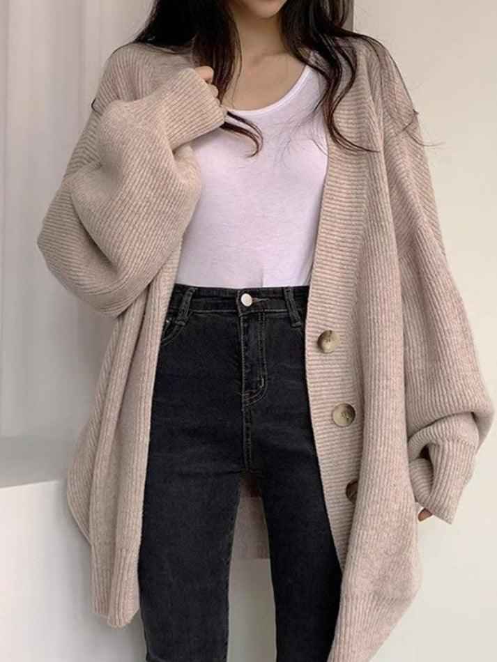 Doriane | Women's Oversized Button-Front Cardigan in Beige and Grey