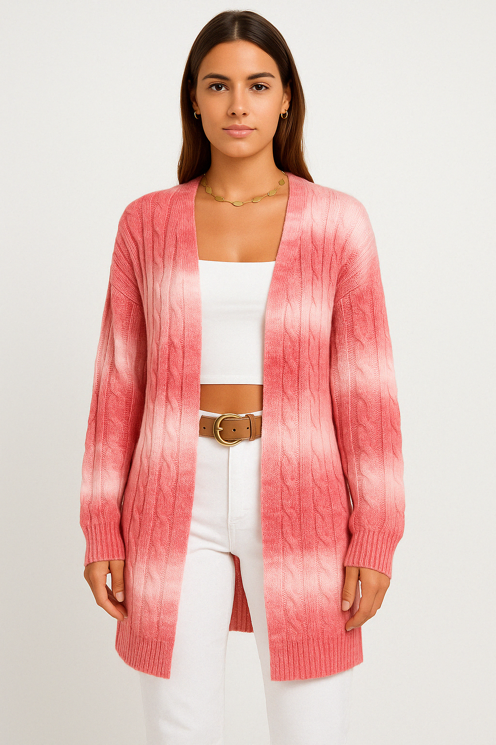 Benedetta long cable knit cardigan in Pink