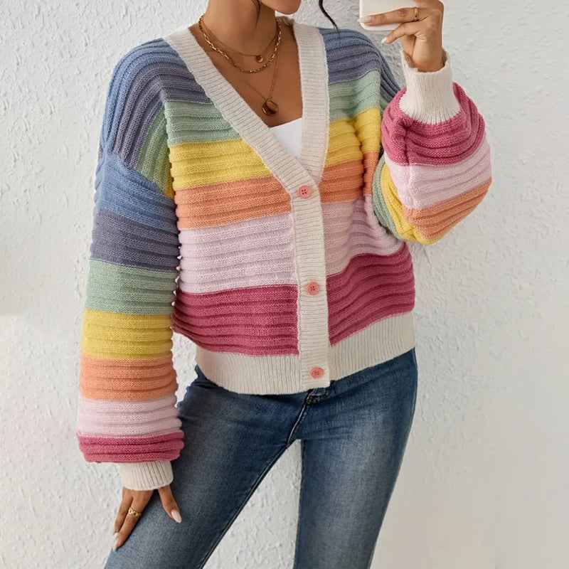 Antonia | Women's Pink Striped V-Neck Cardigan