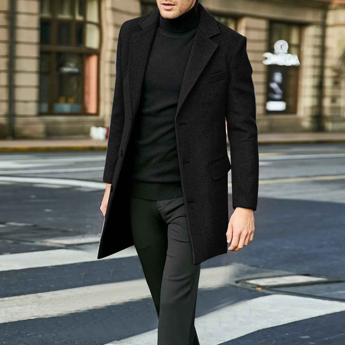 Neville | Men's Mid-Length Notched Lapel Overcoat Black and Grey