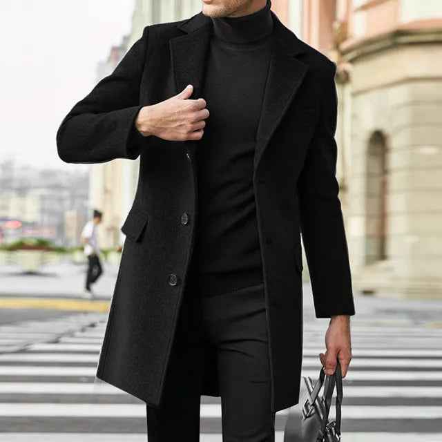 Neville | Men's Mid-Length Notched Lapel Overcoat Black and Grey