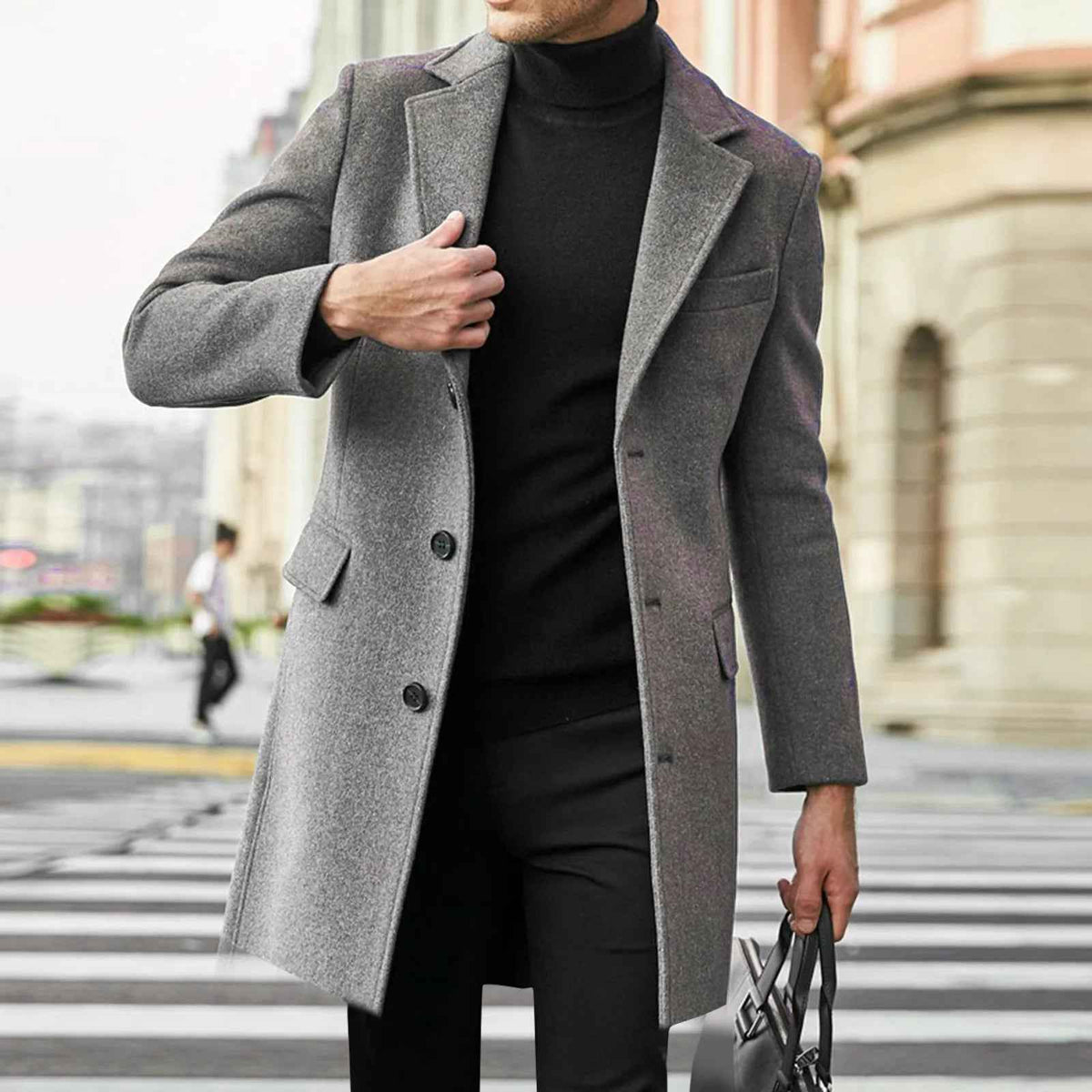 Neville | Men's Mid-Length Notched Lapel Overcoat Black and Grey