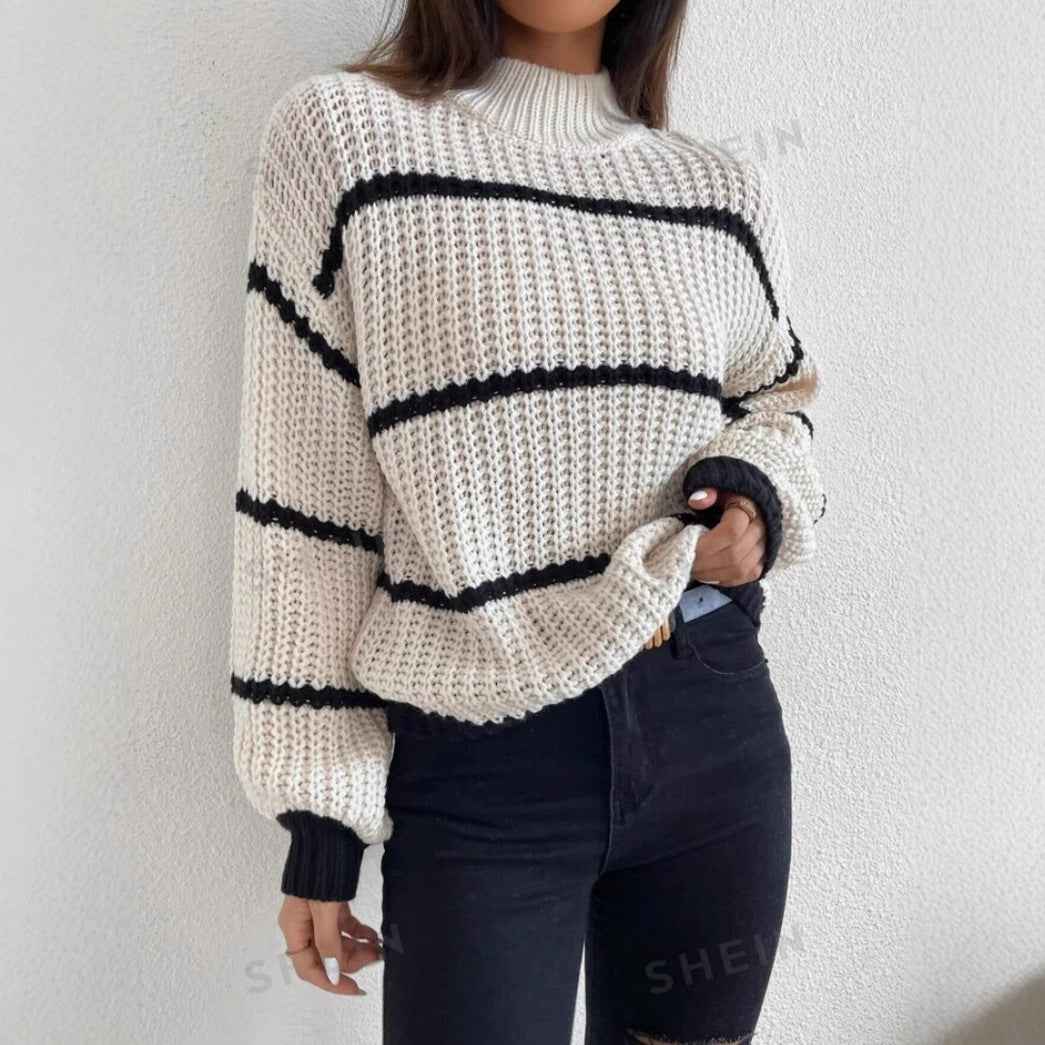Esmeralda | Women's White Striped Crew Neck Jumper