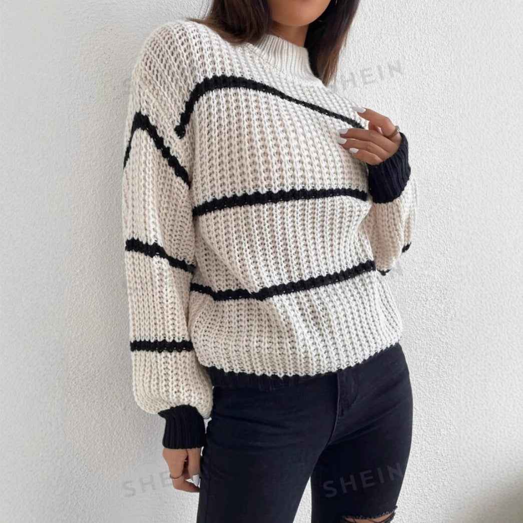 Esmeralda | Women's White Striped Crew Neck Jumper
