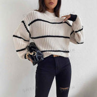 Esmeralda | Women's White Striped Crew Neck Jumper