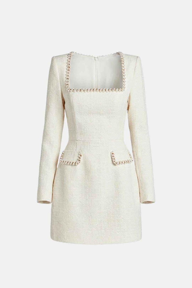 Constance women's pearl trim tweed mini dress in White