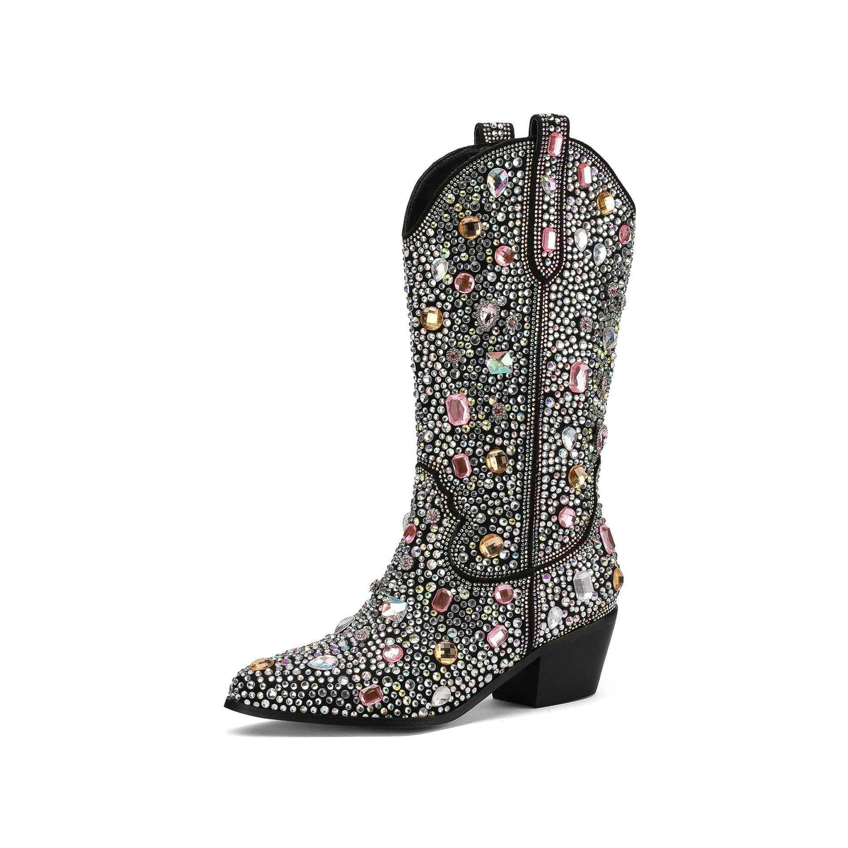 Simonetta | Women's Black Rhinestone Mid Calf Cowboy Boots