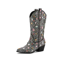 Simonetta | Women's Black Rhinestone Mid Calf Cowboy Boots