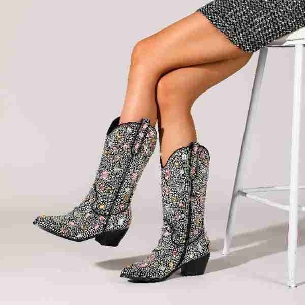 Simonetta | Women's Black Rhinestone Mid Calf Cowboy Boots