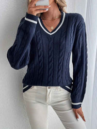 Bernadette | Women's Navy Blue V-Neck Cable Knit Jumper