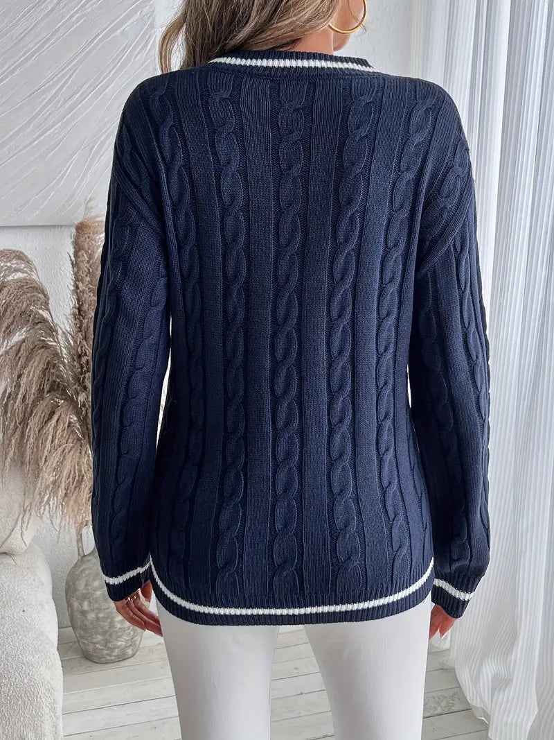 Bernadette | Women's Navy Blue V-Neck Cable Knit Jumper