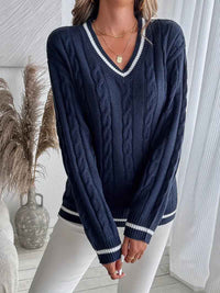 Bernadette | Women's Navy Blue V-Neck Cable Knit Jumper