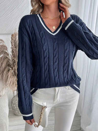 Bernadette | Women's Navy Blue V-Neck Cable Knit Jumper