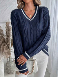 Bernadette | Women's Navy Blue V-Neck Cable Knit Jumper