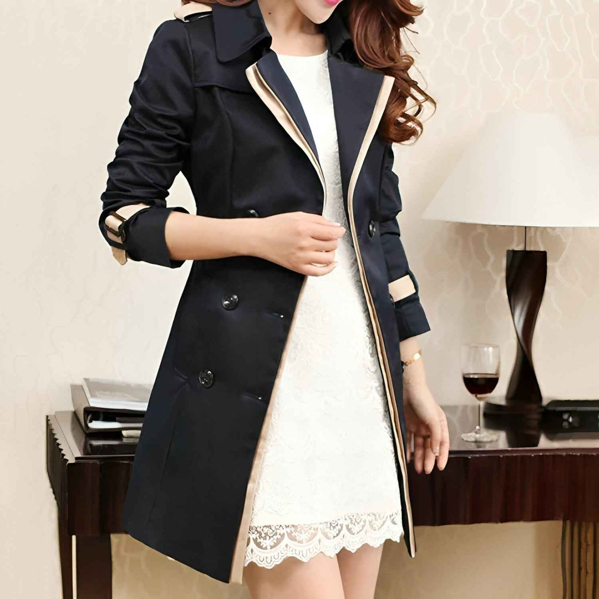 Solene | Women's Double Breasted Midi Coat in Khaki and Black