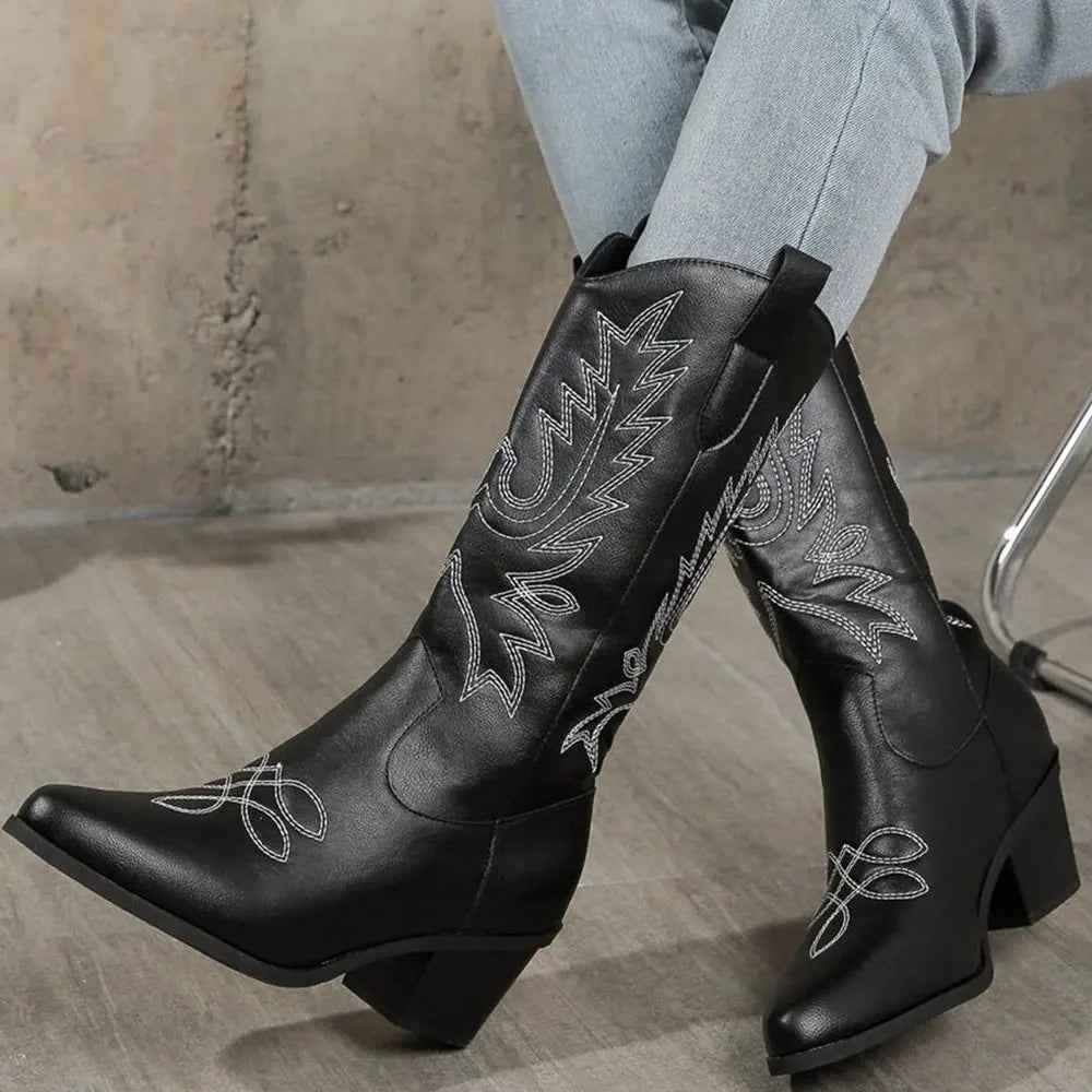 Salome | Women's Embroidered Mid-Calf Cowboy Boots Black and White