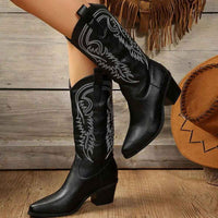 Salome | Women's Embroidered Mid-Calf Cowboy Boots Black and White