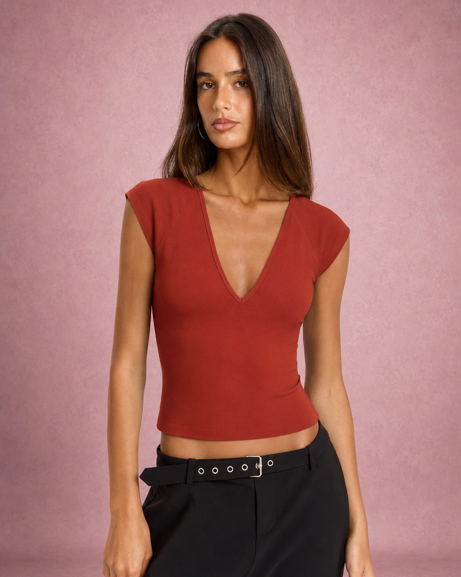 Stella | Deep V-Neck Cap Sleeve Slim-Fit Top