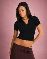 Maya | Ribbed Knit Short-Sleeve Polo Shirt