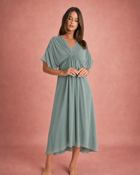 Amelia | V-Neck Ruched Bodice Wide Sleeve Chiffon Maxi Dress