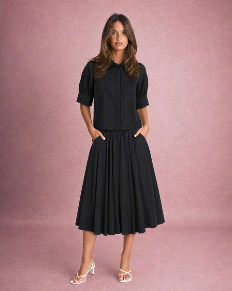 Poppy | Collared Puff Sleeve Shirt and Pleated Skirt Set