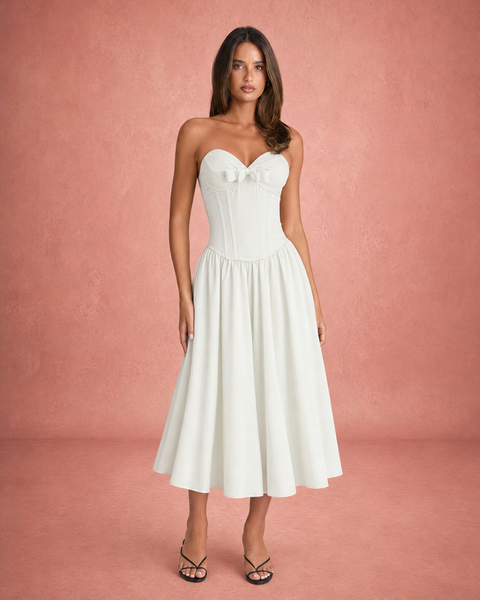 Zoe | Strapless Corset Bodice Bow Detail Midi Dress