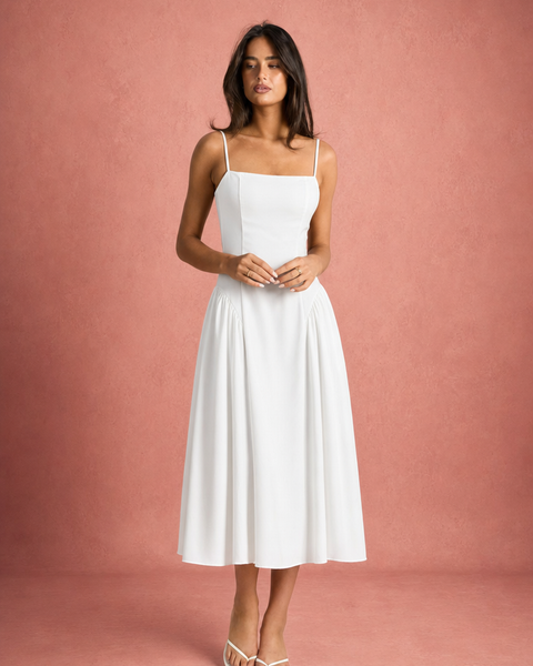 Ada | Spaghetti Strap Low Neck Fitted Bodice Gathered Midi Dress