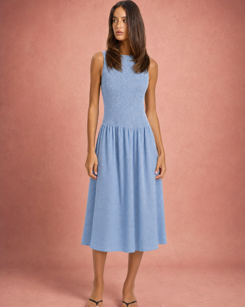 Sophie | Round Neck Smocked Bodice Sleeveless A-Line Midi Dress