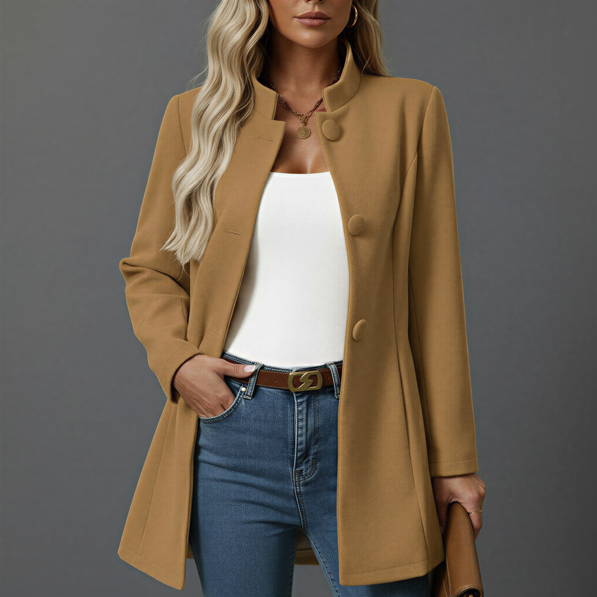 Jessamine button front A-line coat in Camel