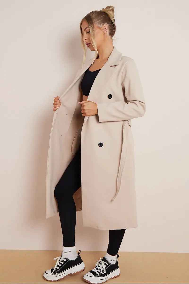 Euphemia | Women's Double Breasted Long Coat Beige and Black
