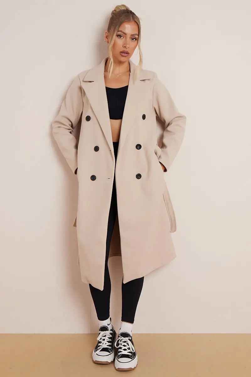 Euphemia | Women's Double Breasted Long Coat Beige and Black