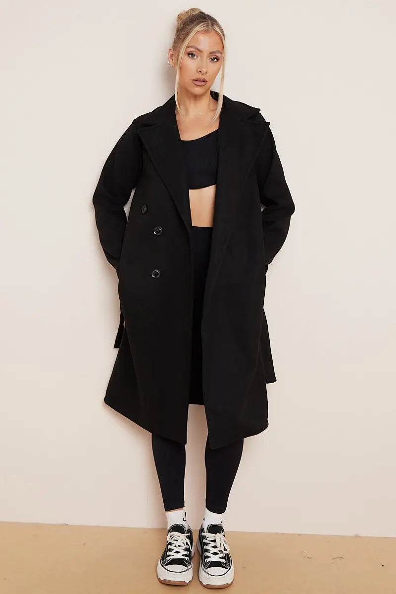 Euphemia double breasted long coat in Black