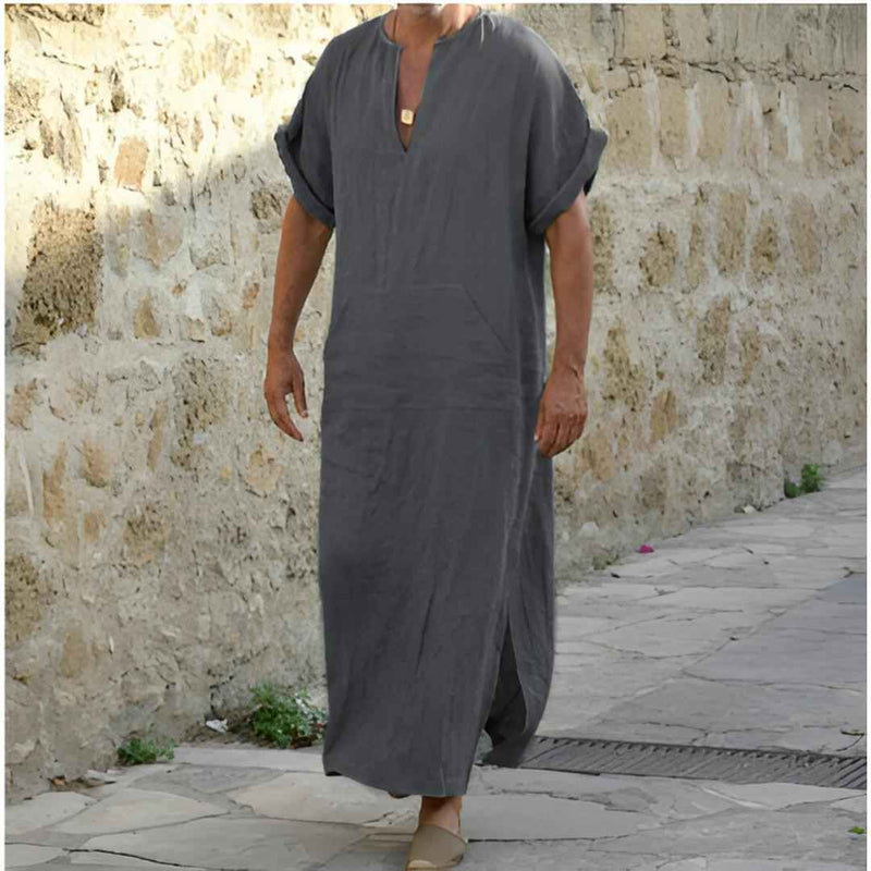 Whitaker | Men's Boho Linen Long Shirt Black V Neck