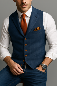 Langley men's blue tweed V-neck waistcoat