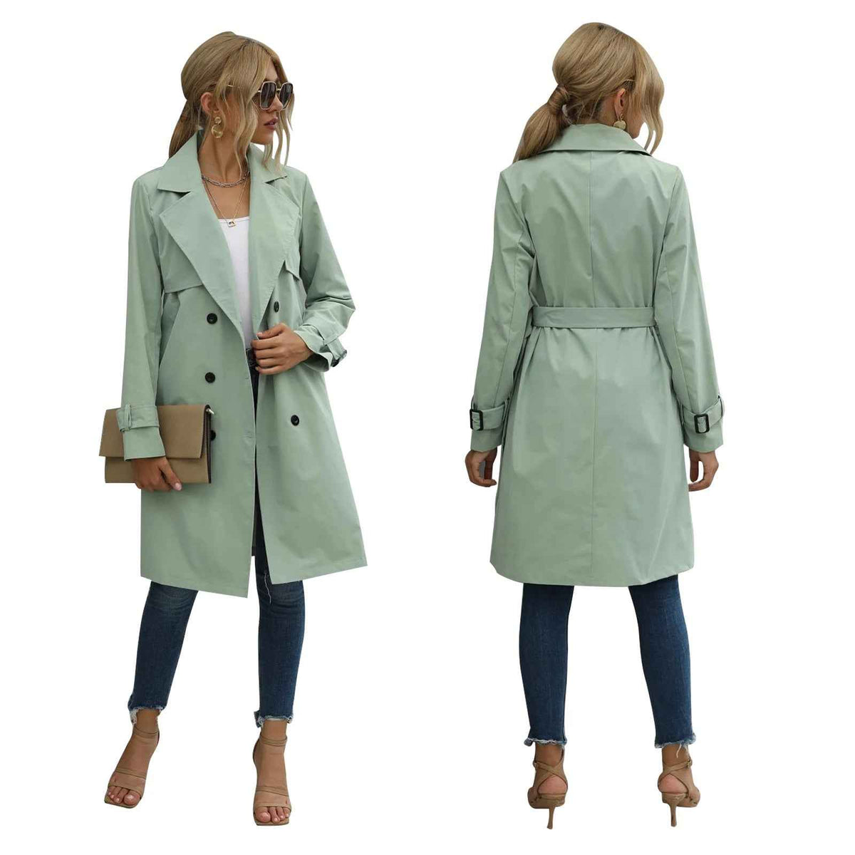 Jacintha | Women's Double-Breasted Belted Coat Green and Khaki