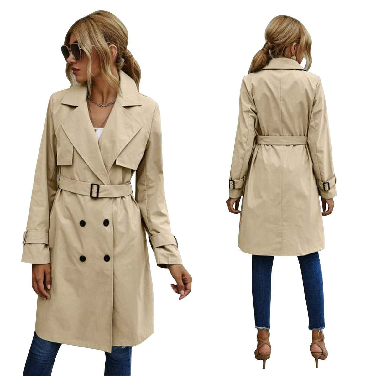 Jacintha | Women's Double-Breasted Belted Coat Green and Khaki