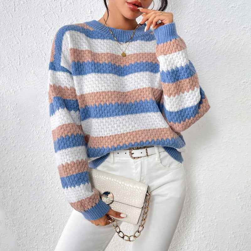 Emeline | Women's Striped Crew Neck Jumper Blue