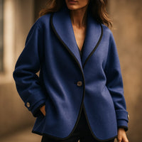 Averil collarless swing coat button cuff detail