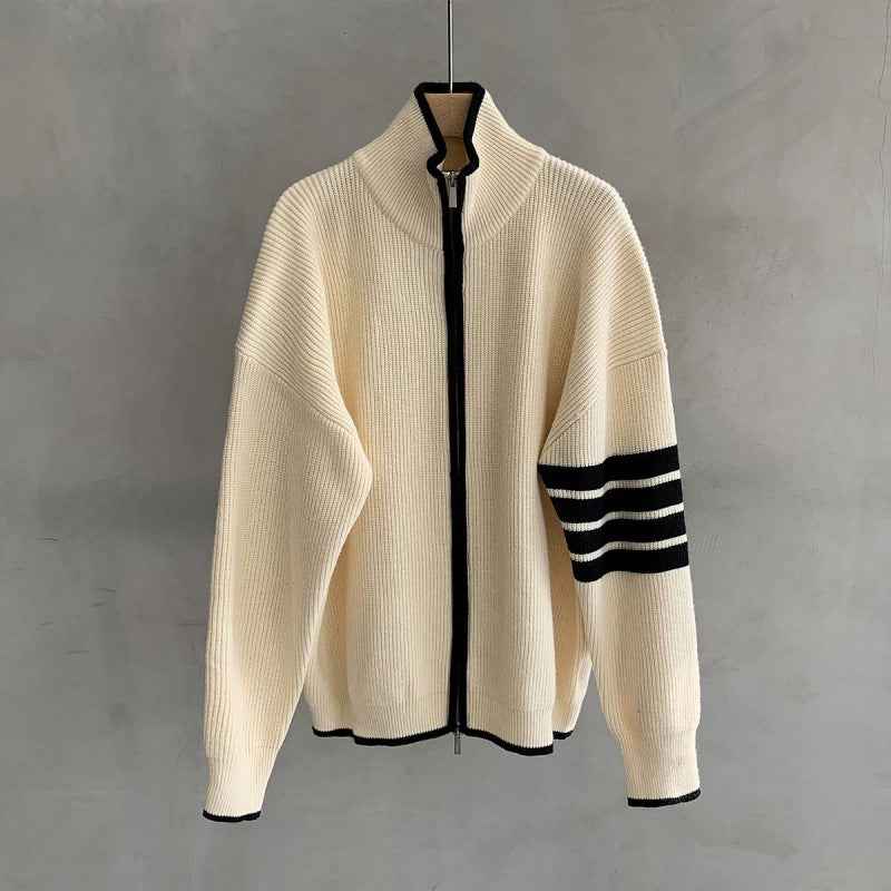 Verner | Men's Zip Up Stand Collar Jumper Striped Sleeve