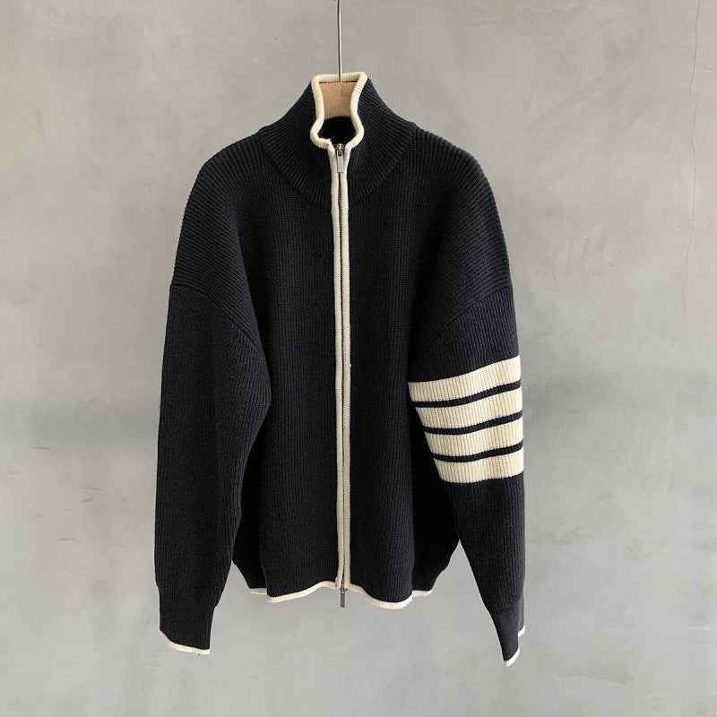 Verner | Men's Zip Up Stand Collar Jumper Striped Sleeve