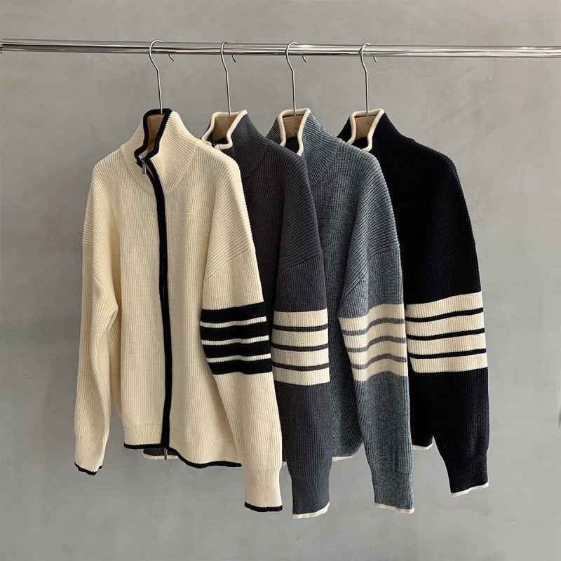 Verner | Men's Zip Up Stand Collar Jumper Striped Sleeve