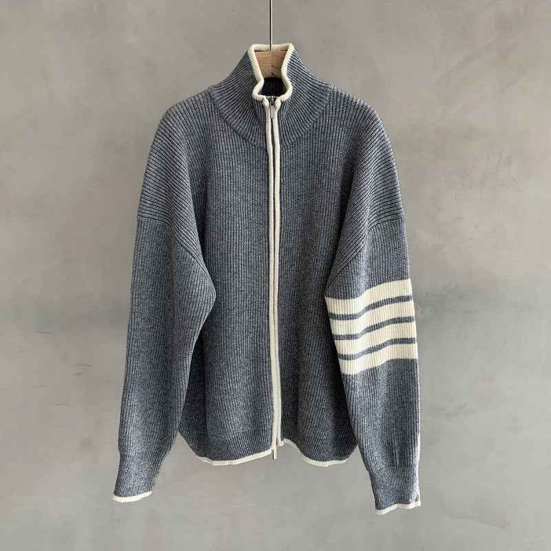 Verner | Men's Zip Up Stand Collar Jumper Striped Sleeve
