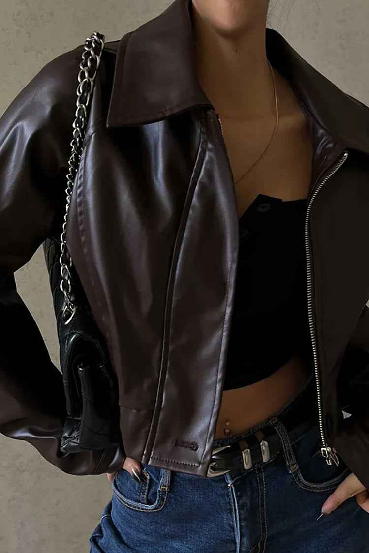 Laurelle | Women's Brown Cropped Zip Up Jacket Puff Sleeve