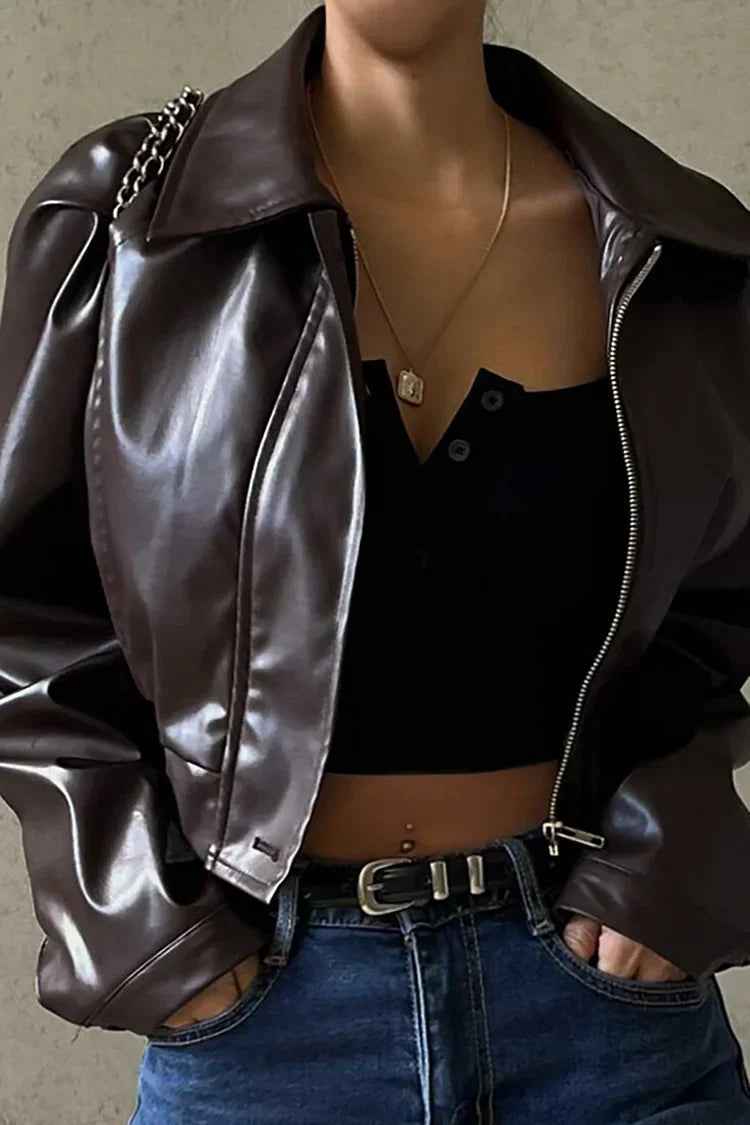 Laurelle | Women's Brown Cropped Zip Up Jacket Puff Sleeve