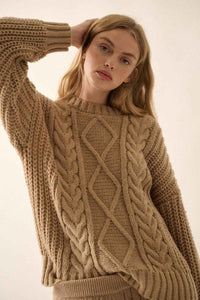 Theophila | Women's Cable Knit Crew Neck Jumper Brown and White