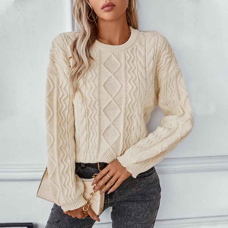 Theophila | Women's Cable Knit Crew Neck Jumper Brown and White