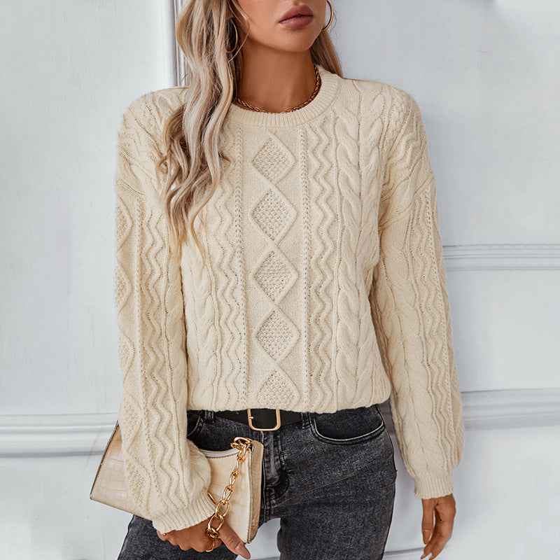 Theophila | Women's Cable Knit Crew Neck Jumper Brown and White