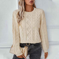 Theophila | Women's Cable Knit Crew Neck Jumper Brown and White