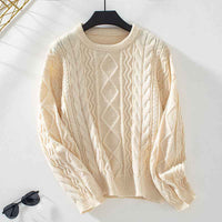 Theophila | Women's Cable Knit Crew Neck Jumper Brown and White
